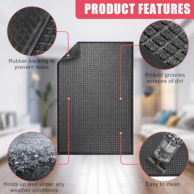 Kuyal Front Door Mat, 3'*6' Door Mat for Inside Outside Entrance,Waterproof Welcome Mats with Non-Slip Backing, Indoor Outdoor Entryway, Commercial Floor Mats, Durable & Easy to Clean, Dark Gray