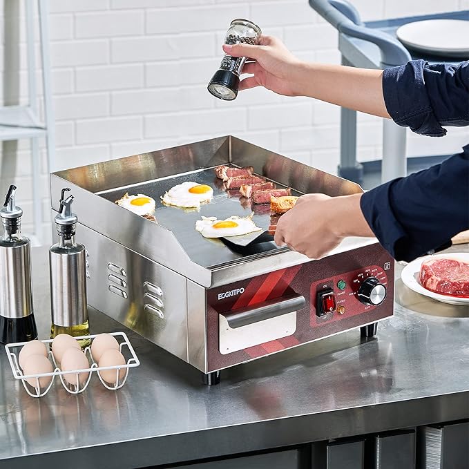 EGGKITPO 14 Inch Electric Griddle, Non-Stick Flat Top Grill Commercial Electric Countertop Griddles Stainless Steel Adjustable Temperature Control 90℉-575℉ for Home or Restaurant Use