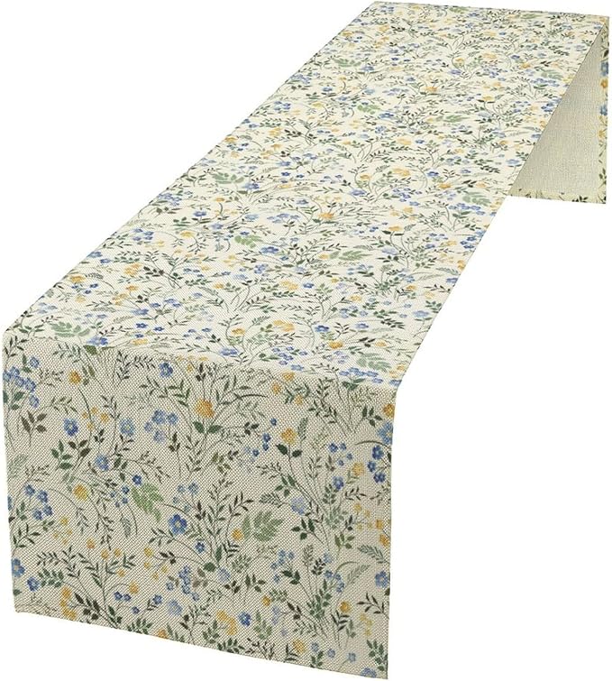 Rustic Flower Table Runner, Spring Sage Green Eucalyptus Leaves Watercolor Floral Flower Plant Leaves Print Table Cover for Dinning Holiday Home Picnic Party Decor, 13x36inch