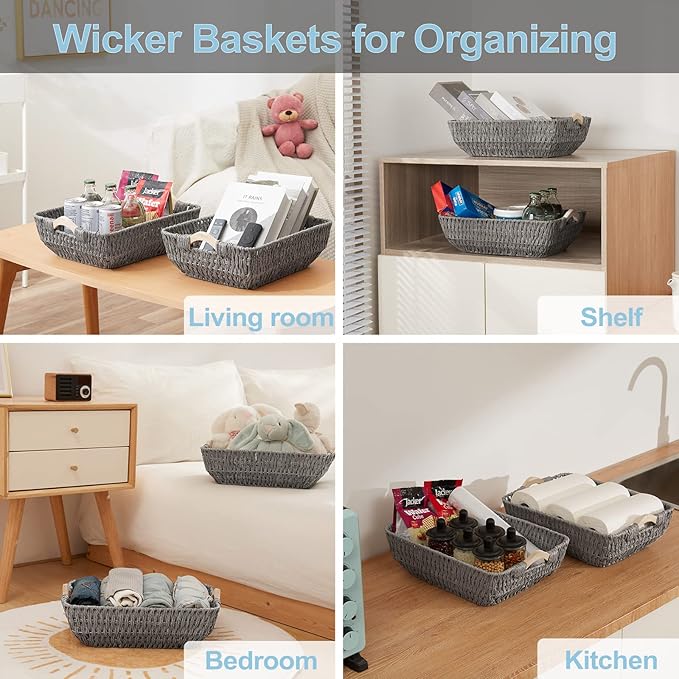 FairyHaus Wicker Baksets 2Pack 15x10x5, Recyclable & Renewable Paper Rope Wicker Storage Bakset with Solid Wood Handles, Wicker Baskets for Shelves Organizing, Grey
