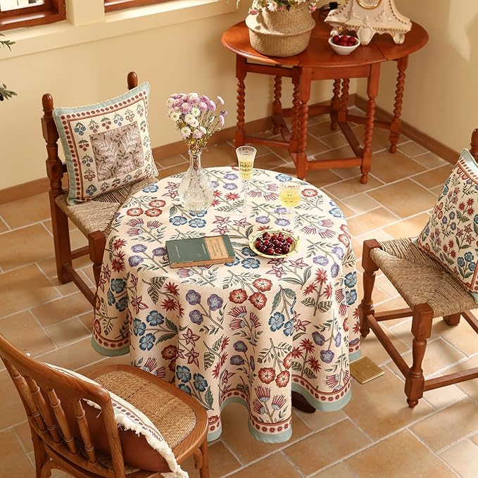 French Linen Round Tablecloth,Vintage Colorful Multiple Prints Soft and Durable Tablecloths,Decorative Table Cover for Kitchen,Dining,Party,Thanksgiving,Christmas,Diameter 67"-Lohi