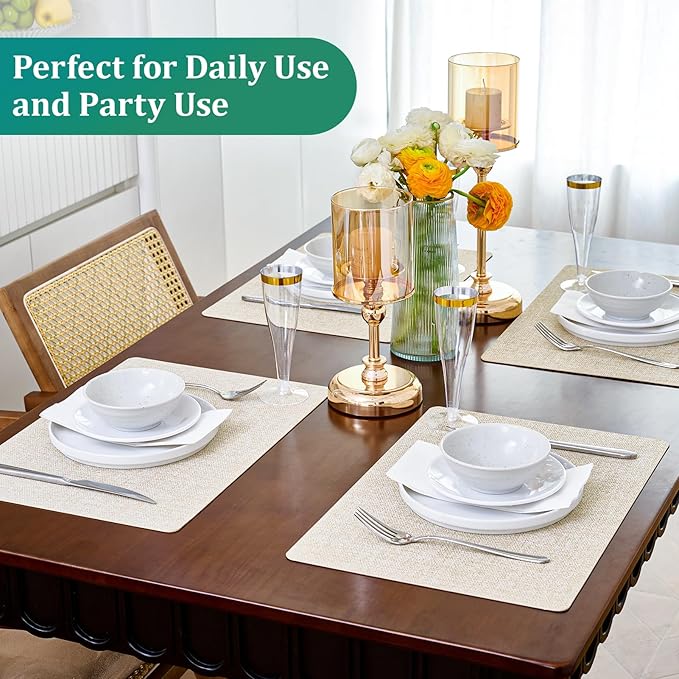 FOCUSLINE Faux Leather Placemats Set of 6, Beige Table Place Mats, Waterproof and Non-Slip Dining Table Mats for Indoor & Outdoor Use