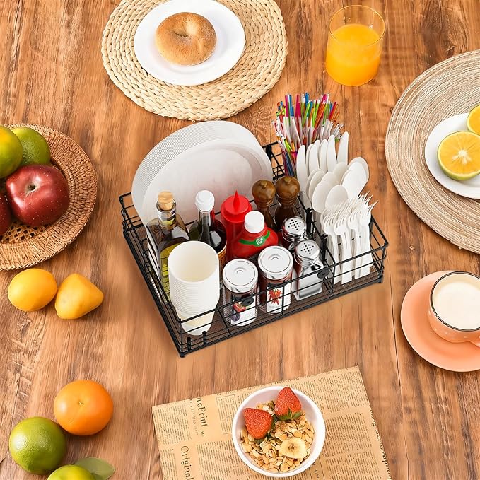Grill Caddy with Paper Towel Holder, Picnic BBQ Condiment Utensil Organizer Caddy for Camping, Rv, Camping Accessories, Camping Essential, Camper Must Haves, Barbecue Tool Sets