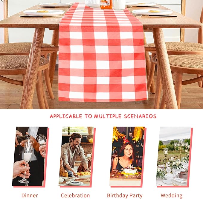 Fabric Checkered Table Runner 1 Pack Waterproof Gingham Table Runner 14W x 108L Buffalo Check Table Runners for Parties Kitchen Dining Wedding Banquet (Red and White)