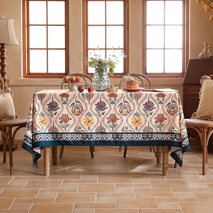 Vintage French Rectangular Tablecloth,Linen Tablecloth with Rose and Cornflower Pattern,Decorative Table Cover for Kitchen,Dining,Thanksgiving,Tea Party,55" × 79"-Lanae