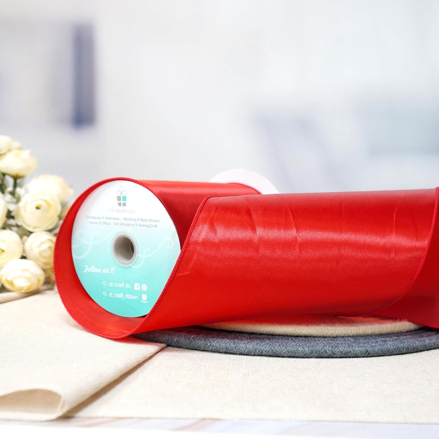 CT CRAFT LLC Satin Wired Ribbon 6 Inch x 10 Yards Red for Christmas Home Décor Gift Wrapping Tree Topper Bow Wreath DIY Crafts,