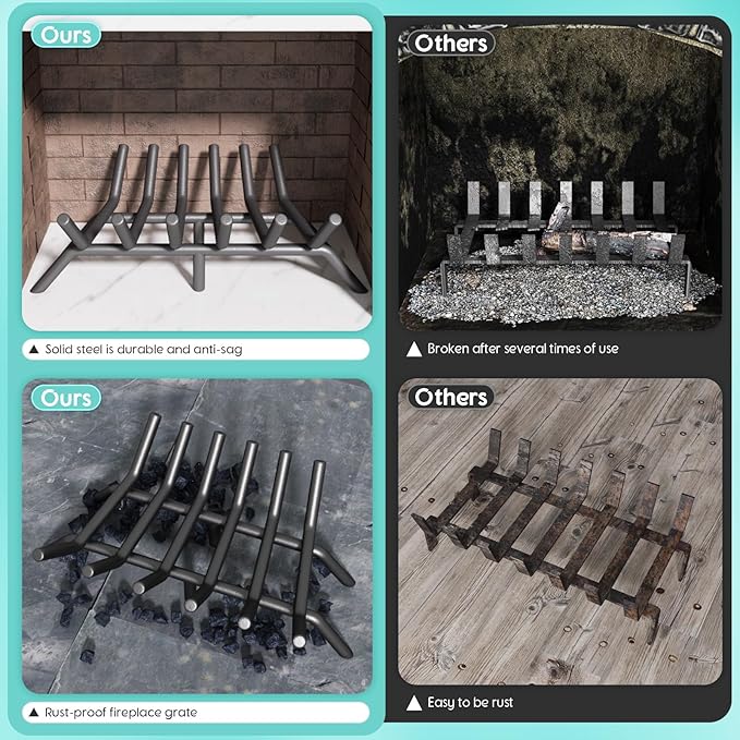 17-Inch Fireplace Grate, Heavy Duty 6-Bar Log Rack Holder Made of Solid Round Steel for Indoor/Outdoor Fire Pits, Wood Stoves & Kindling Tools