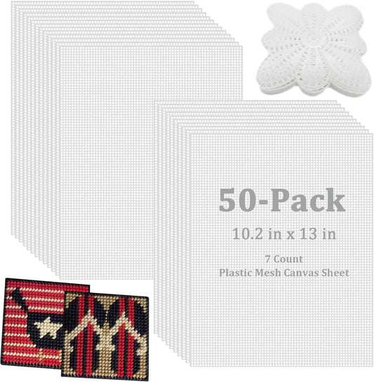 APOCHON 50 Pieces 7 Count Plastic Mesh Canvas Sheets, 10.2 x 13.1 Inch, White, Plastic