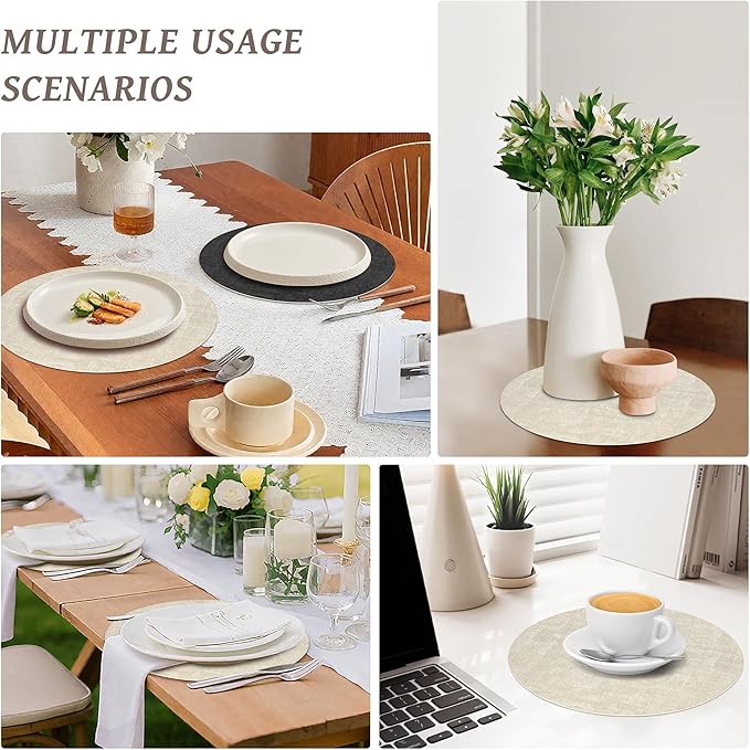 13" Round Placemats Set of 4, NCUE Dual-Sided Faux Leather Heat Resistant Table Mats, Waterproof Oilproof Washable Protective Table Placemats with Coaster, Wipeable Vinyl for Indoor & Outdoor Use