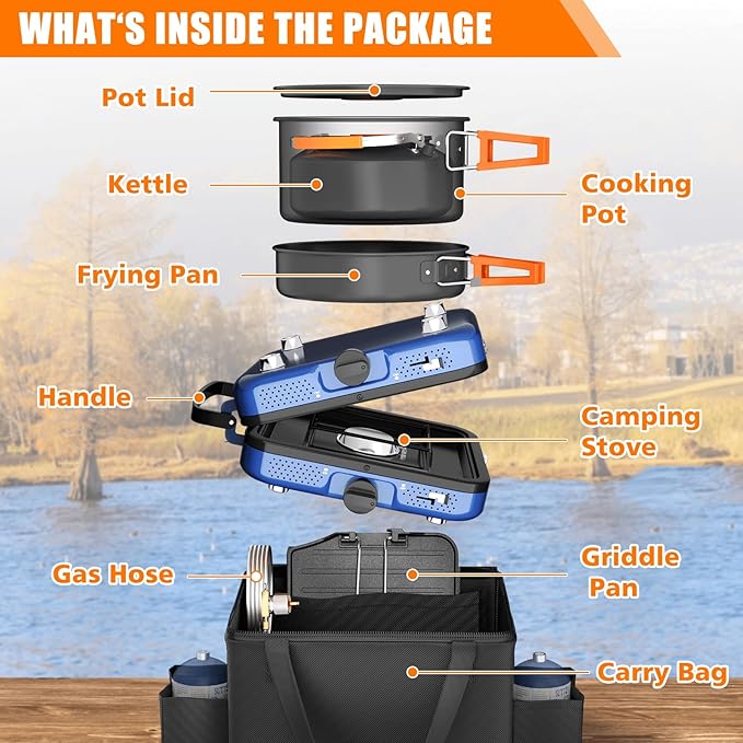 Hisencn Camping Stove,2 Burner Propane Stove,20000 BTU/h Camping Cooking set Includes Frying Pan,Kettle and Pot,Adjustable Burners & Piezo Ignition,Portable stove for camping Outdoor,Blue