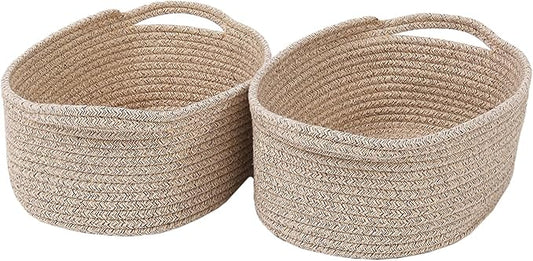 Woven Basket,Small Rope Storage Bin with Handles & Ribbon Bag, Organizer for Shelves Closets,Gift Basket Empty for Birthday,Books,Dog Toys,Oatmeal/2 Pack