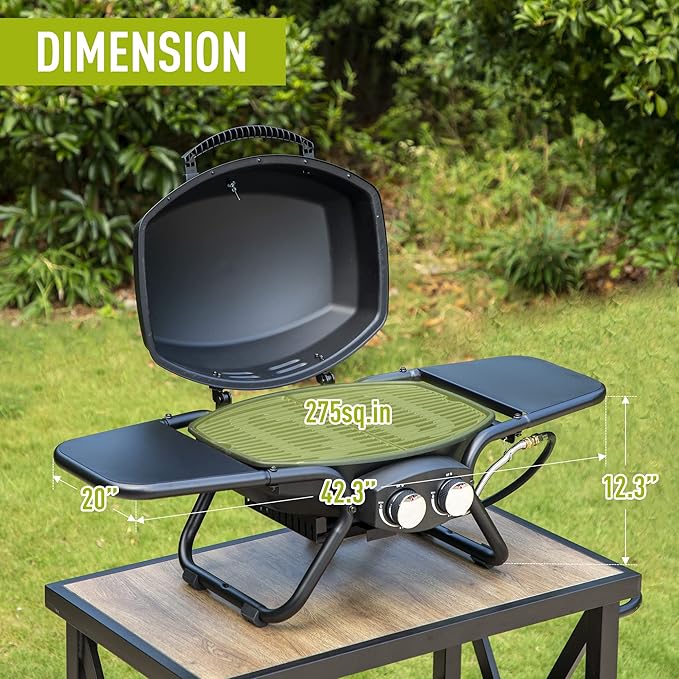 MFSTUDIO Portable barbecue grill with 2 Stainless Steel Burners, TableTop Propane Gas grills with Side Tables, small countertop grill for outdoor camping,15,000 BTU, 275 SQ.IN. Cooking Area