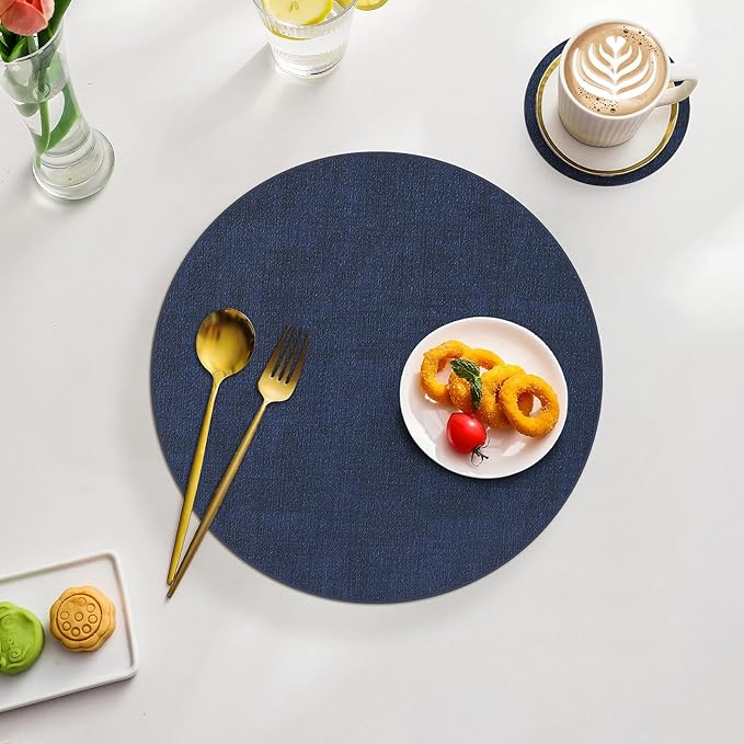 Homaxy Round Faux Leather Placemats and Coasters, Washable Dual-Side Table Mats, Wipeable Heat-Resistant Dining Place Mats for Outdoor and Indoor, Set of 12, Diameter 13 and 3.93 inch, Navy Blue