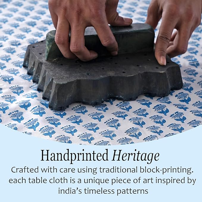 CPC Apatite Blue Floral Hand Block Printed 100% Cotton Tablecloth 60x120 Rectangular Reusable and Washable Boho Dining Table Cloth Thanksgiving
