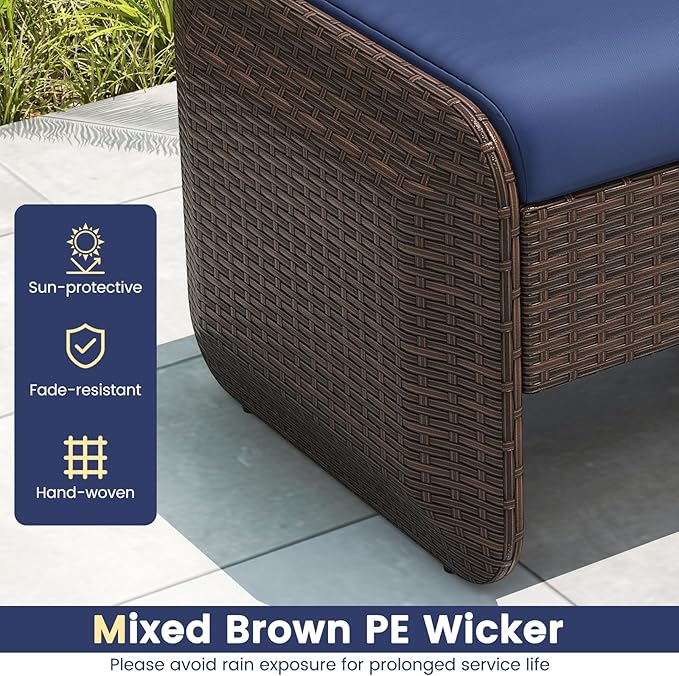 Tangkula 2 Pieces Patio PE Wicker Ottomans with Removable Cushions, Multipurpose Outdoor Furniture for Additional Seating, Footrest and Side Table, Outdoor Footstools for Porch, Backyard (Navy)