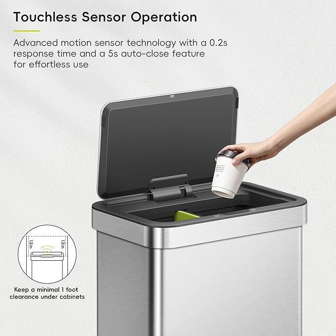 EKO Econova 30L+30L Dual Compartment Motion Sensor Trash Can, 16 Gallon Automatic Kitchen and Recycling Bin, Soft-Close Lid, Fingerprint-Resistant Stainless Steel Garbage Bin, 2 Inner Buckets