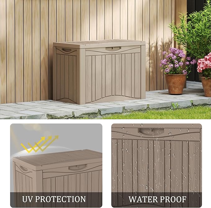 50 Gallon Plus Resin Deck Box, Waterproof Outdoor Storage Box for Patio, Poolside, and Garden, Lockable UV-Resistant Storage Bin Bench Cabinet for Small Spaces, Grey