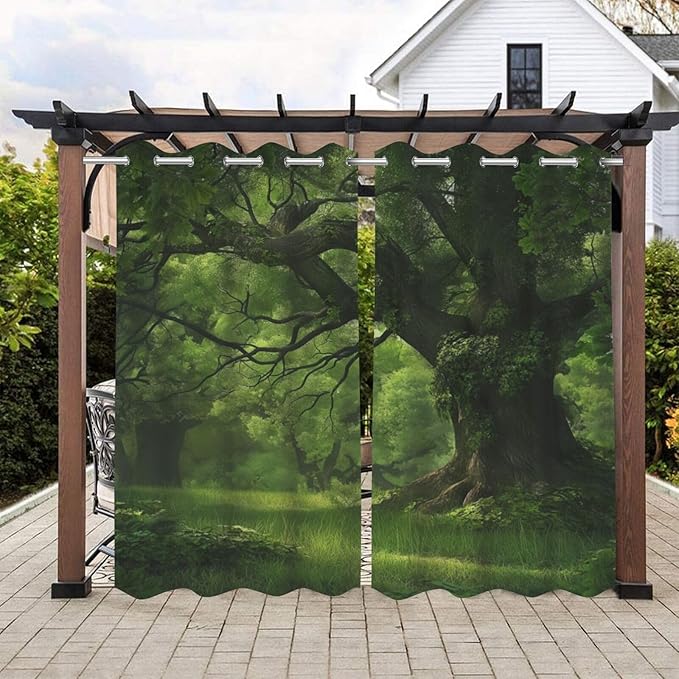 Nature Theme Outdoor Curtains for Patio Waterproof,Forest Pattern,Privacy, Grommet Curtains for Patio, Pergola, Porch, Deck, Lanai, and Cabana,Set of 2 Panels,42 x 84 inch,Green