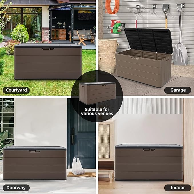 100 Gallon Plus Resin Deck Box, Waterproof Outdoor Storage Box for Patio Furniture, Garden Tools, and Pool Accessories, Lockable UV-Resistant Storage Bin Bench Cabinet for Outside, Brown