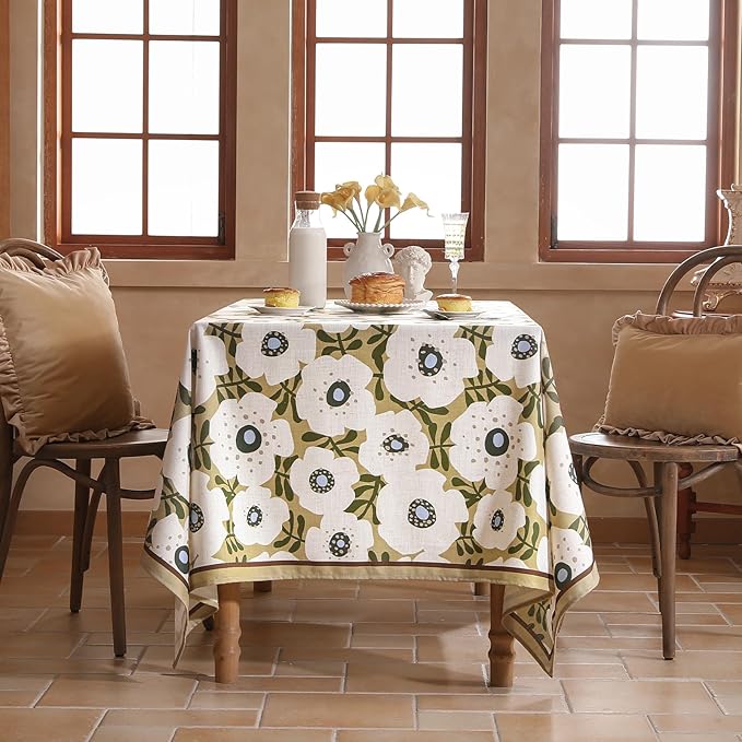 Designer Vintage Rectangular Tablecloth,Linen French Tablecloth with White Floral Pattern,Decorative Table Cover for Kitchen,Dining,Thanksgiving,Tea Party,55" × 79"-Hidaka
