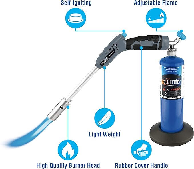 BlueFire 18“ Propane Grill Torch Charcoal Starter Free Fuel Gas Cylinder Base! Trigger Start Located on Handle, One-Hand Operation. Kamado Green Egg Griller and Barbecue Perfect Accessory!