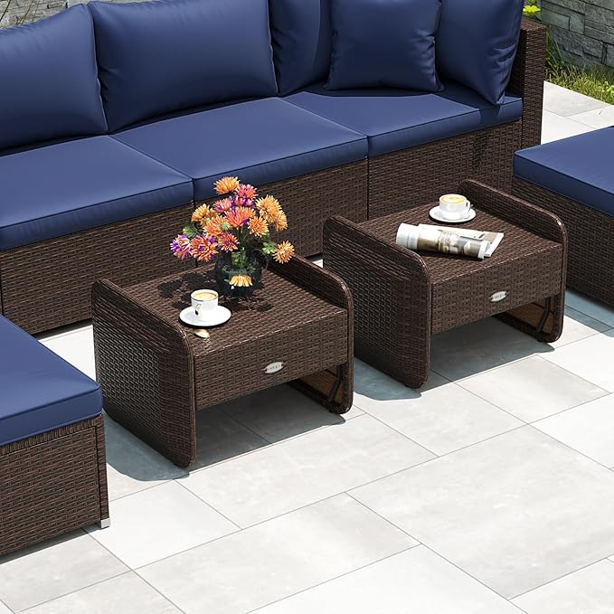 Tangkula 2 Pieces Patio PE Wicker Ottomans with Removable Cushions, Multipurpose Outdoor Furniture for Additional Seating, Footrest and Side Table, Outdoor Footstools for Porch, Backyard (Navy)