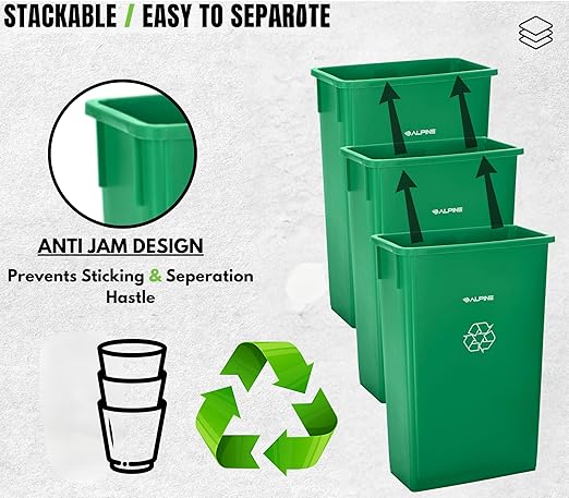 Alpine 23 Gallon Slim Trash Can - Open Top 3 Pack Slender Green Recycle Bin - Heavy Duty Plastic Garbage Bin for Homes, Offices and Other Commercial Space