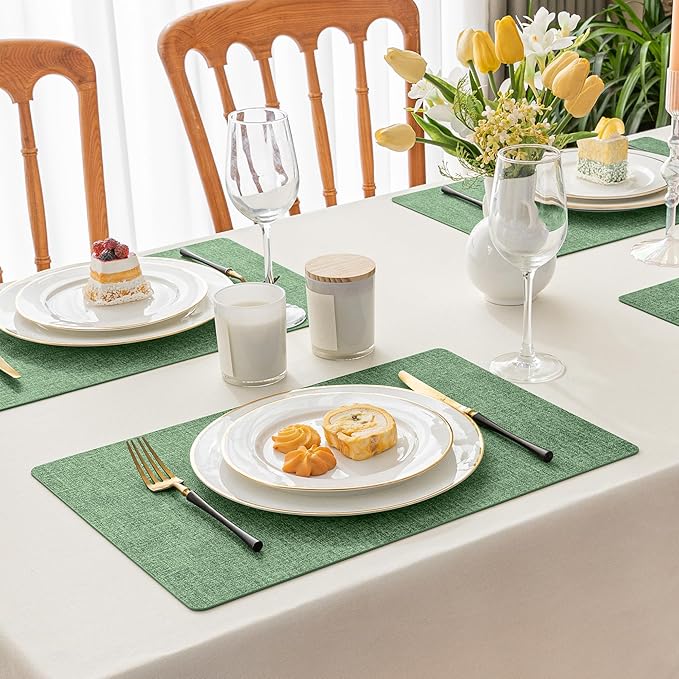 Romanstile Vinyl Placemats Set of 6-12 X 17 Inch - Heat Resistant Place Mats 100% Waterproof Oilproof Wipeable Reversible Faux Leather Table Mats for Kitchen, Dining, Party, Outdoor, Dark Green