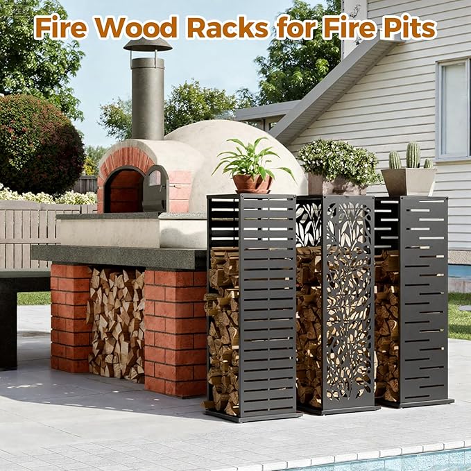 4ft Firewood Rack with Louver Pattern, Fire Wood Rack Log Holder with Hooks Adjustable Feet, Firewood Storage for Outdoor Indoor Fire Pits Fireplace Patio Balcony Black