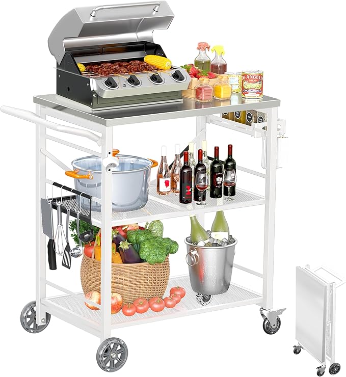 Ciokea Folding Outdoor Grill Cart with Wheels, 3-Shelf Grill Table with 27x18 inch Stainless Steel Top, Rolling Pizza Oven Stand, Metal Portable Cart for BBQ Patio Camping (White)