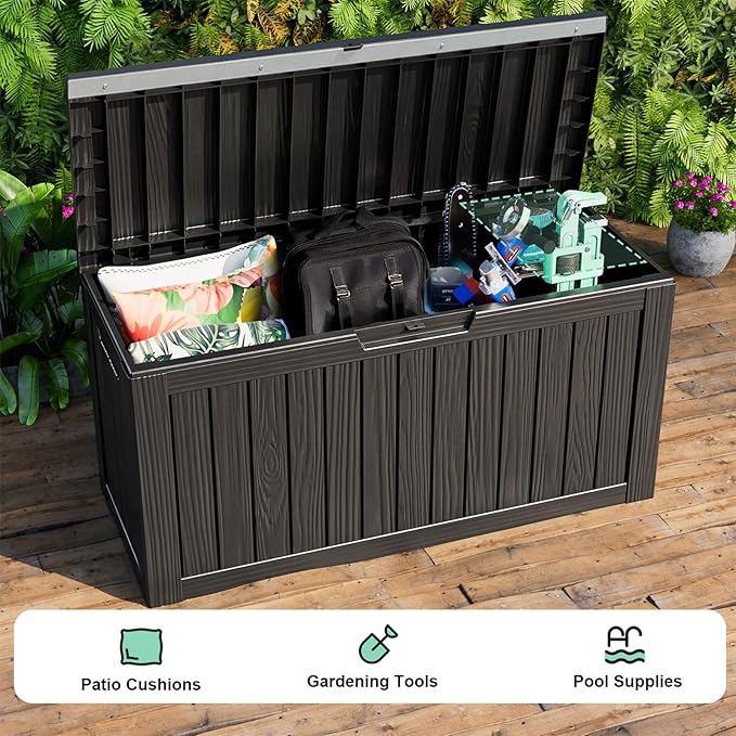 90 Gallon Waterproof Resin Deck Box, UV Resistant Outdoor Storage for Garden, Patio, Porch, Delivery, Striped Black