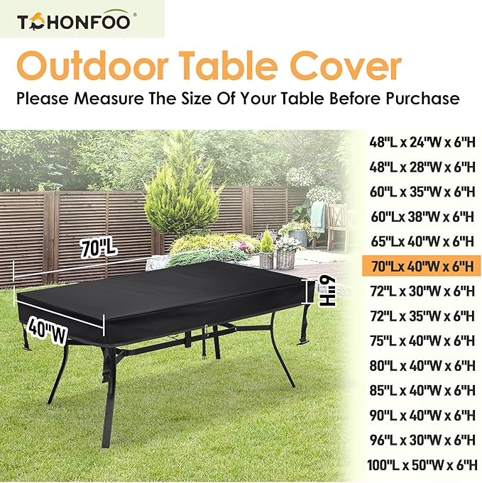 TOHONFOO Rectangular Patio Table Cover - Waterproof Anti-UV Outdoor Dining Table Cover - Outdoor Patio Furniture Cover 70" L x 40" W x 6" H, Black