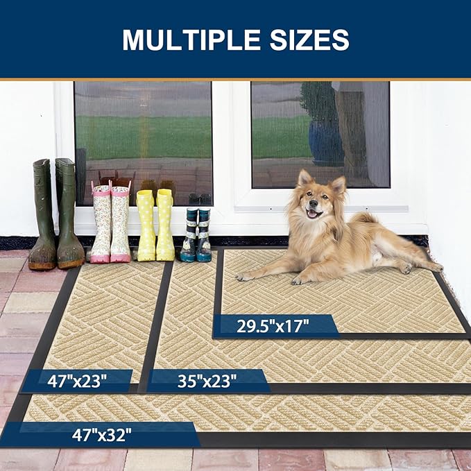Smiry Front Door Mat Outside Entrance, Heavy Duty Outdoor Indoor Natural Rubber Doormat, Non Slip, Trap Dirt and Moisture, Easy Clean, Low Profile Patio Porch Entryway Mat, 71x23, Beige