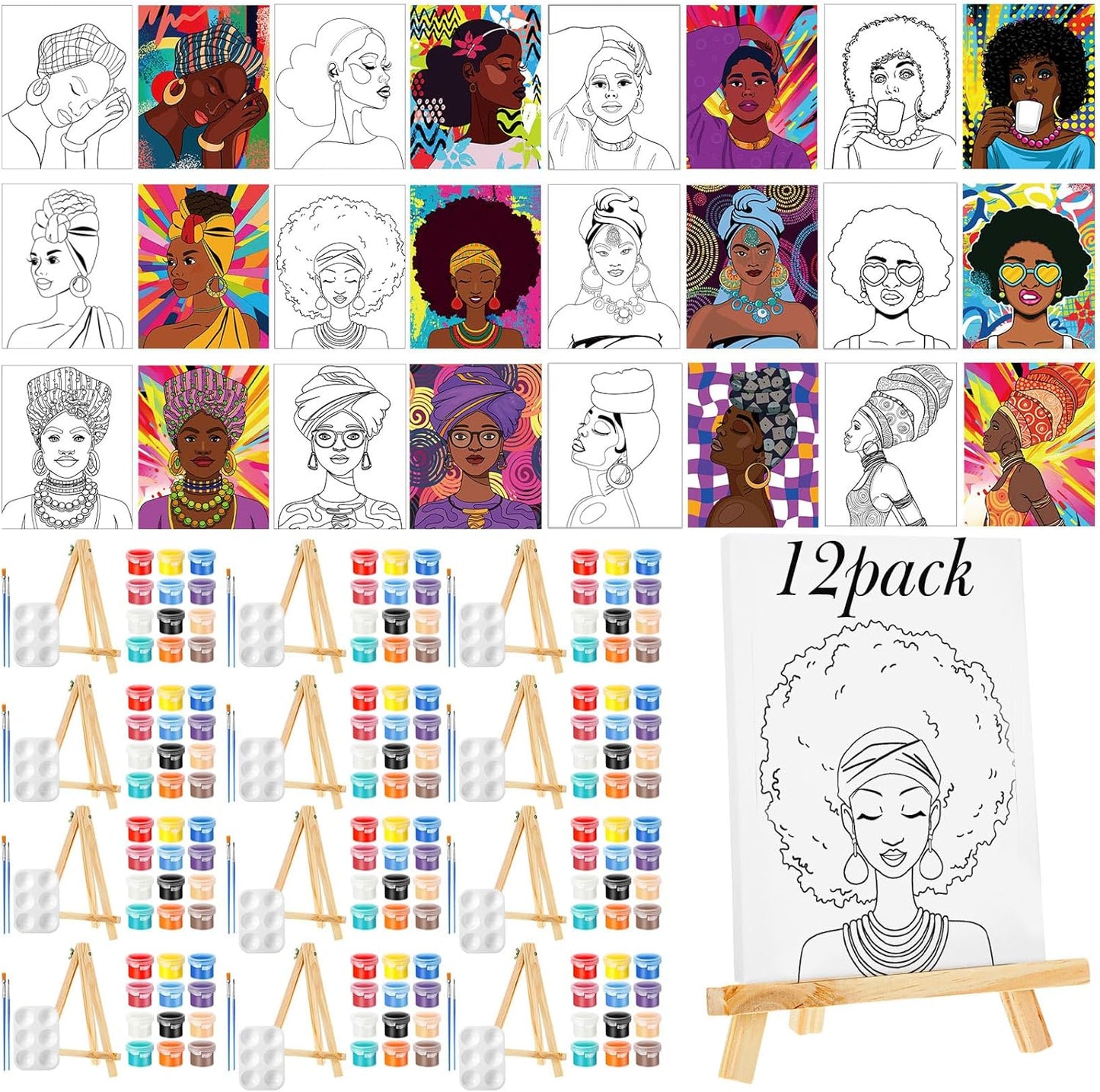Zhanmai 12 Pack Pre Drawn Canvas for Painting Sip and Paint Kit 8" x 10" Paint Party Set Canvas Painting Pre Printed Canvases for Party Favor DIY Virtual Adult's Date Night(Afro Queen)