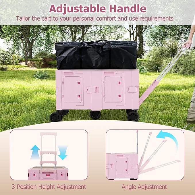 Goplus Large Foldable Utility Cart w/ 2-Tier Storage Crates, 5 Rotate Wheels, Metal Telescoping Handle, Portable Rolling Trolley Collapsible Cart for Grocery Shopping Camping & Travel