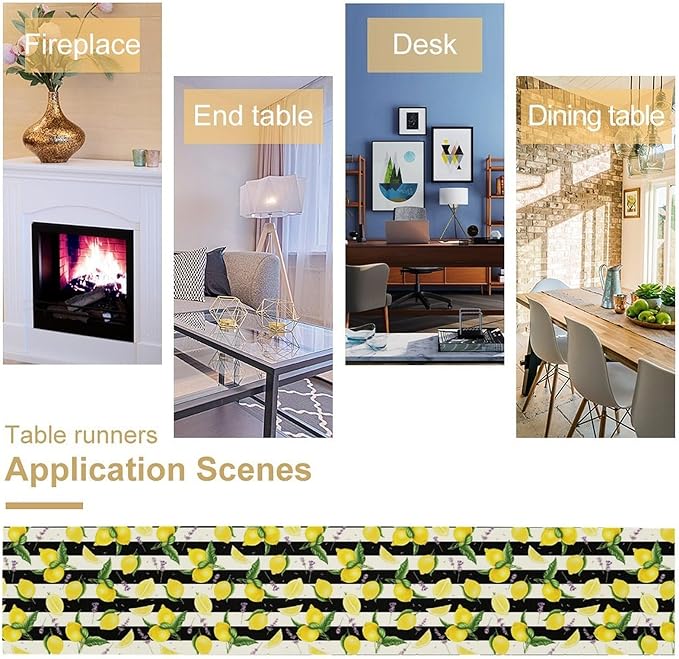 Farmhouse Lemon Fruit Table Runner Nature Aesthetic Black White Stripe Flowers Plant Dining Table Decoration for Home Holiday Party Dresser Kitchen Cabin Restaurant Wedding Decor 13×120in