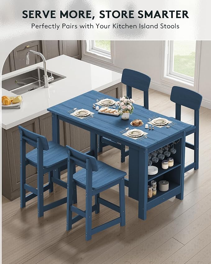 SERWALL Outdoor Bar Table and Chairs Set, 5-Piece HDPE Counter Height Patio Dining Sets with Storage and Wine Rack, Rectangular High Top Bar Table with 4 Bar Stools for Garden, Backyard, Blue