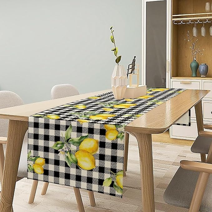 Fresh Lemon Table Runner, Yellow Lemon Black White Buffalo Check Plaid Table Runner for Farmhouse Coffee Home Kitchen Dining 13x70in