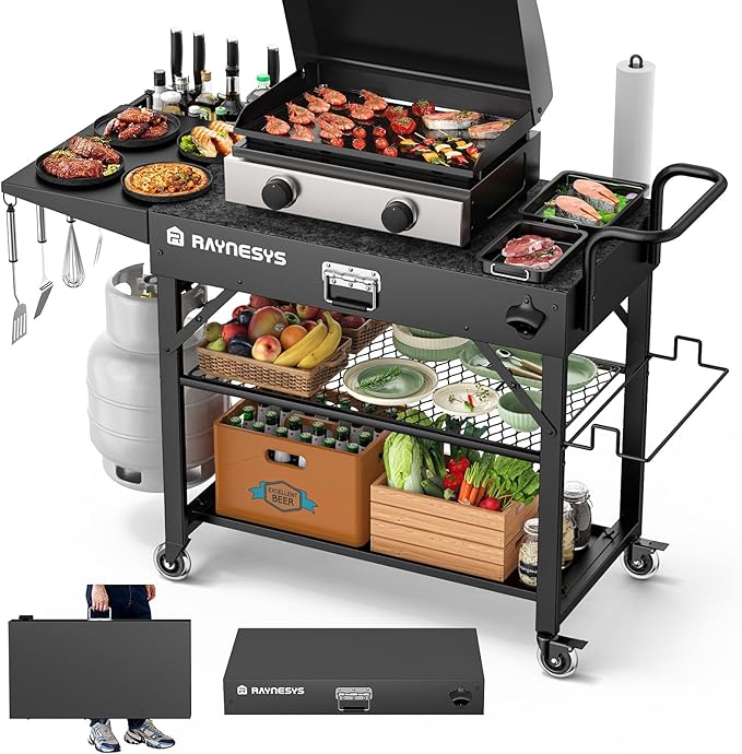 Outdoor Grill Cart, 440lbs Outdoor Grill Table, 31x17 inch Blackstone Griddle Stand, Portable Folding Cart with Wheels, 2-Tier Storage Rack & Side Storage Box (Black)