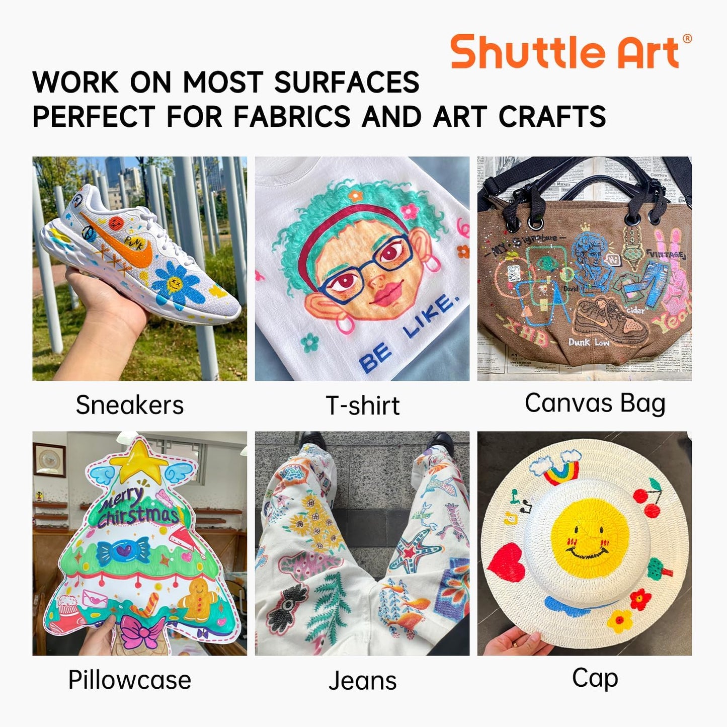 Shuttle Art 28 Colors Fabric Markers, Shirt Permanent Markers for Clothes Sneakers Jeans with 11 Stencils 1 Fabric Sheet, Fabric Pens for Kids Adult Painting Writing