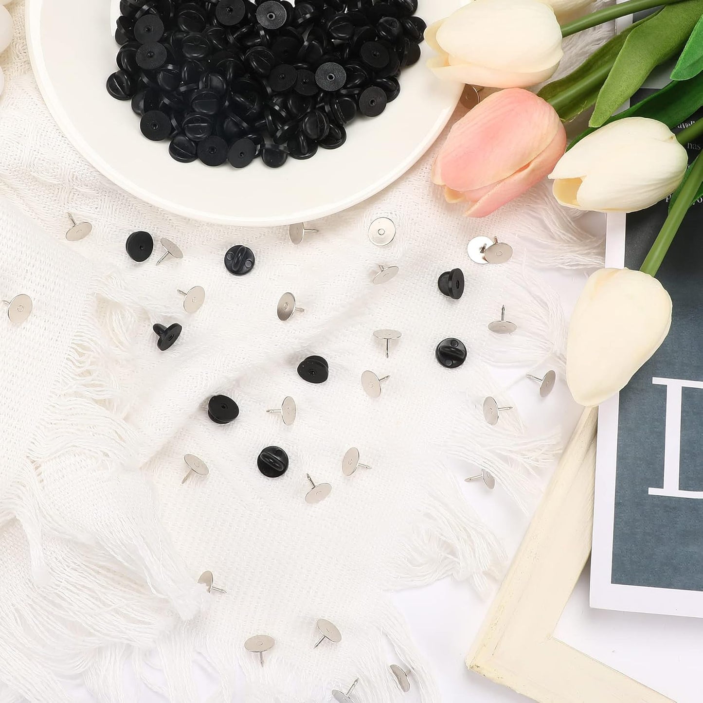 JANYUN 120 Pairs Rubber Blank Pin Backs Butterfly Clutch Backings Holder Tie Tacks Keepers Replacement with 9mm Length 10mm Width Lapel Enamel Pins for Craft Making