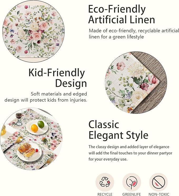 Spring Flower Placemats Set of 6,Pink White Rose Eucalyptus Leave,Waterproof Non-Slip Washable Table Mats Set for Kitchen Dining Holiday Party Wedding Decor 12x18 Inch