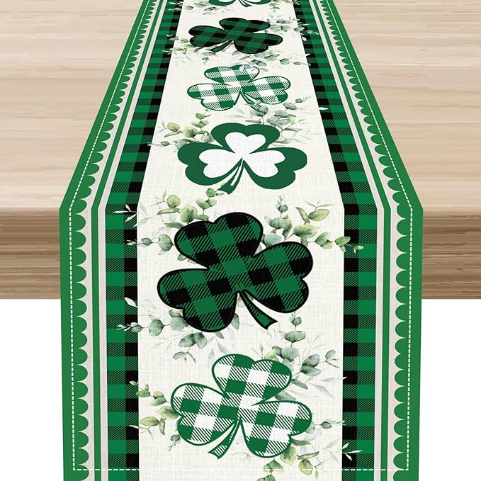 St.Patrick's Day Table Runner,Green Plaid Clover Eucalyptus Leaves Retro Linen Table Center Decor for Home Kitchen Dining Patio Holiday Party Indoor Decorations, 13"x36"