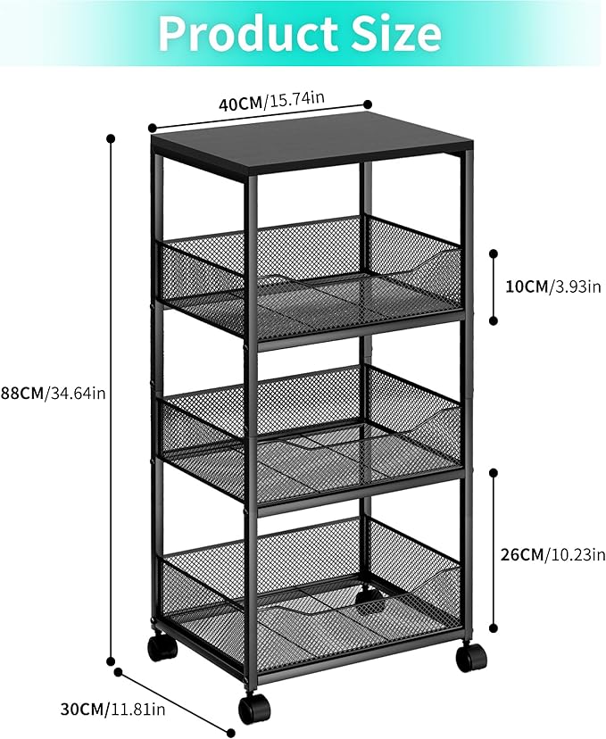 HapiRm Fruit Basket Kitchen Cart - 4-Tier Rolling Storage Cart with Wheels, Fruit Vegetable Basket with Wood Top, Pantry Utility Kitchen Organizer for Fruit Potato Onion Vegetable Bread Snack