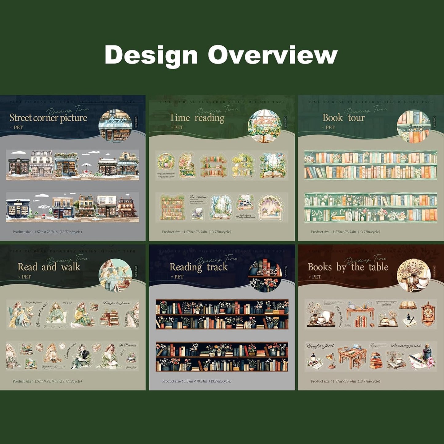 Reading Time PET Tape Set, 6 Rolls Mixed Pre-Cut and Continuous Tape with Clip, Waterproof Scrapbook Supplies for Journaling, DIY Crafts, and Planners