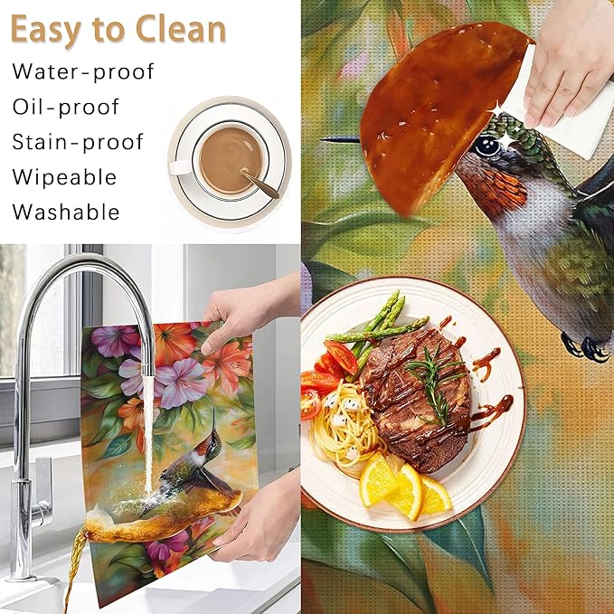 Hummingbird Placemats Set of 6,Colorful Flower Waterproof Non-Slip Washable Table Mats for Kitchen Dining Holiday Party Wedding Decor 12x18 Inch