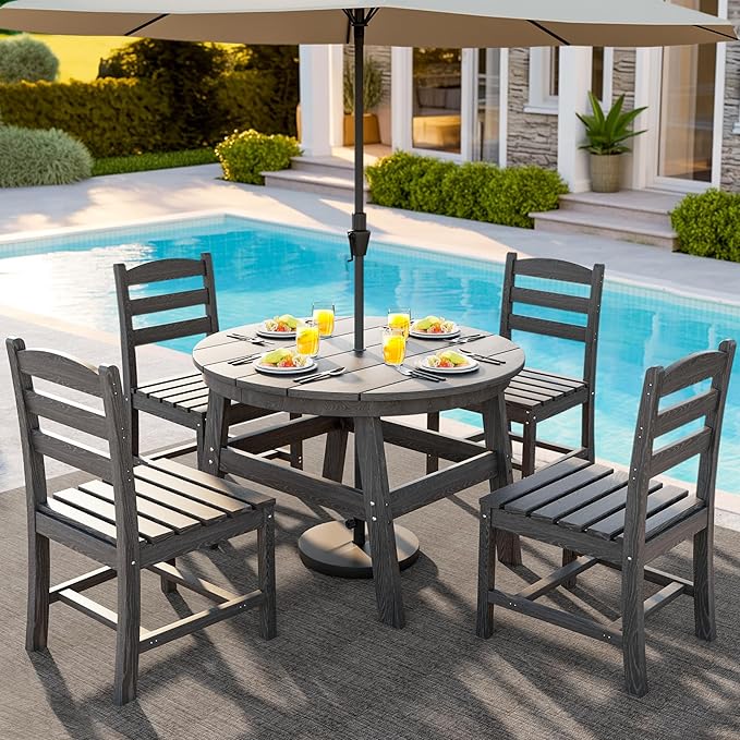 5 Piece Round Outdoor Dining Set, Relaxing HDPE Outdoor Table and Chairs with 105° Ergonomic Backrest, All-Weather Patio Table and Chairs Set with Umbrella Hole for Porch, Poolside, Gray