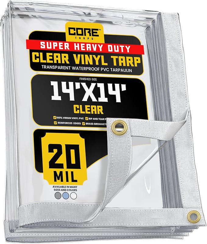 Core Tarps 20 Mil Extreme Heavy Duty Clear Tarp with Gromments - 14x14ft Super Clear Tarps Heavy Duty Waterproof Vinyl Tarpaulin, Transparent Tarp for Outdoor, Camping & Construction, Clear