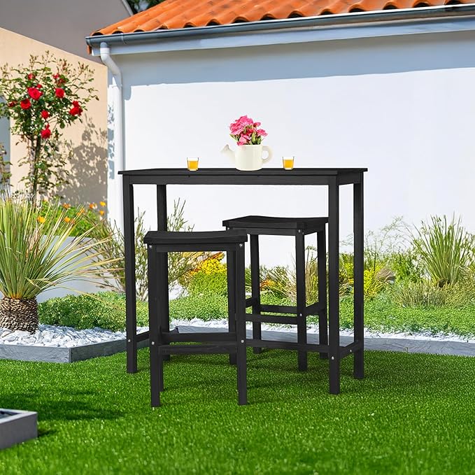 VINGLI 3-Piece Fir Wood Outdoor Bar Table and Chairs Set, Outdoor Bar Height Table with 2 Bar Stools Patio Bistro Set for Garden Balcony Backyard (Black)