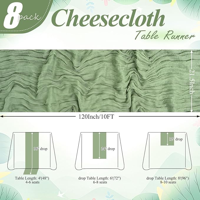 8 Packs Cheesecloth Table Runner 10FT Long Boho Gauze Fabric Table Runner Vintage Rustic Sheer Runners for Wedding Party Bridal Baby Shower Table Decorations (Sage Green)